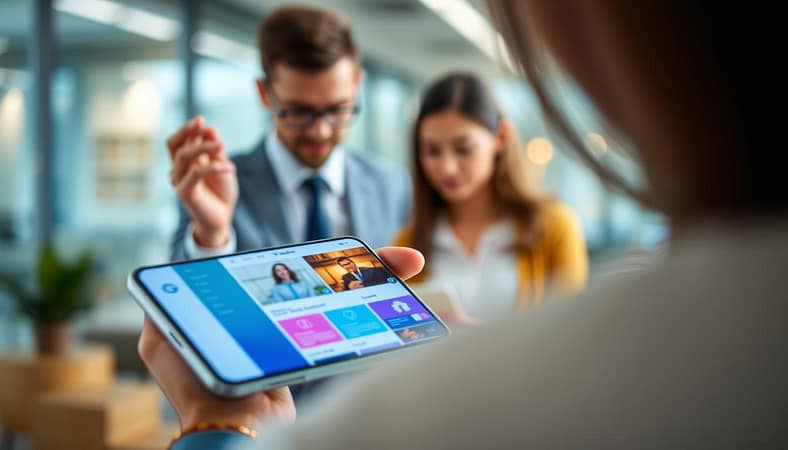 A sleek mobile device displaying a vibrant, responsive website design, showcasing a clean and organized user interface. In the foreground, close-up view of the phone with modern UI elements like navigation menus and buttons. In the middle ground, a professional businessperson in smart casual attire, attentively examining the mobile screen, representing user engagement. In the background, a blurred office environment with soft ambient lighting, suggesting a focus on technology and productivity. Capture the scene with a slight tilt-angle to emphasize the device, using natural lighting to highlight the screen’s colors. The mood is productive and innovative, illustrating the importance of mobile-friendly design in today's digital landscape. A sleek mobile device displaying a vibrant, responsive website design, showcasing a clean and organized user interface. In the foreground, close-up view of the phone with modern UI elements like navigation menus and buttons. In the middle ground, a professional businessperson in smart casual attire, attentively examining the mobile screen, representing user engagement. In the background, a blurred office environment with soft ambient lighting, suggesting a focus on technology and productivity. Capture the scene with a slight tilt-angle to emphasize the device, using natural lighting to highlight the screen’s colors. The mood is productive and innovative, illustrating the importance of mobile-friendly design in today's digital landscape.