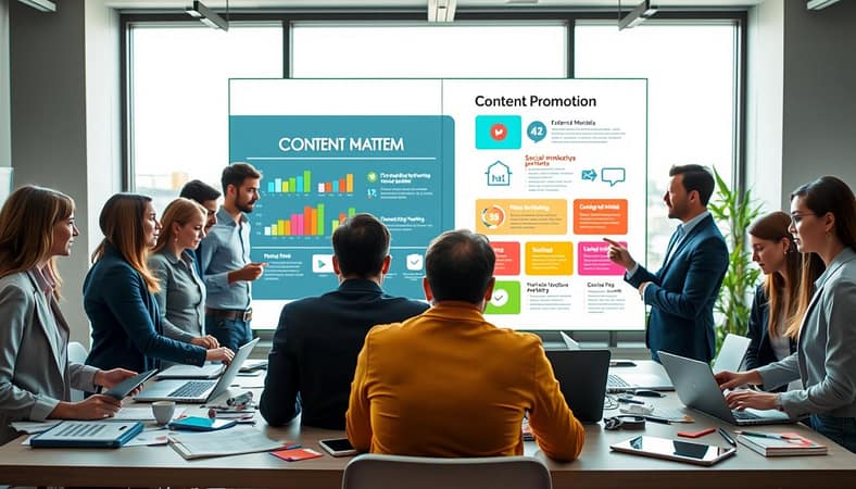 A visually engaging composition illustrating effective content promotion strategies to drive traffic. In the foreground, a diverse group of professionals, dressed in smart casual attire, collaborate around a table scattered with digital devices like laptops and tablets, showcasing charts and social media stats. The middle ground features a large digital screen displaying colorful infographics related to content promotion tips, emphasizing methods like social media sharing and email marketing. In the background, a modern office environment with large windows provides a bright, inviting atmosphere, accentuated by natural lighting. The overall mood is one of collaboration, innovation, and enthusiasm for marketing strategies, promoting a sense of urgency and action in driving audience engagement. A visually engaging composition illustrating effective content promotion strategies to drive traffic. In the foreground, a diverse group of professionals, dressed in smart casual attire, collaborate around a table scattered with digital devices like laptops and tablets, showcasing charts and social media stats. The middle ground features a large digital screen displaying colorful infographics related to content promotion tips, emphasizing methods like social media sharing and email marketing. In the background, a modern office environment with large windows provides a bright, inviting atmosphere, accentuated by natural lighting. The overall mood is one of collaboration, innovation, and enthusiasm for marketing strategies, promoting a sense of urgency and action in driving audience engagement.