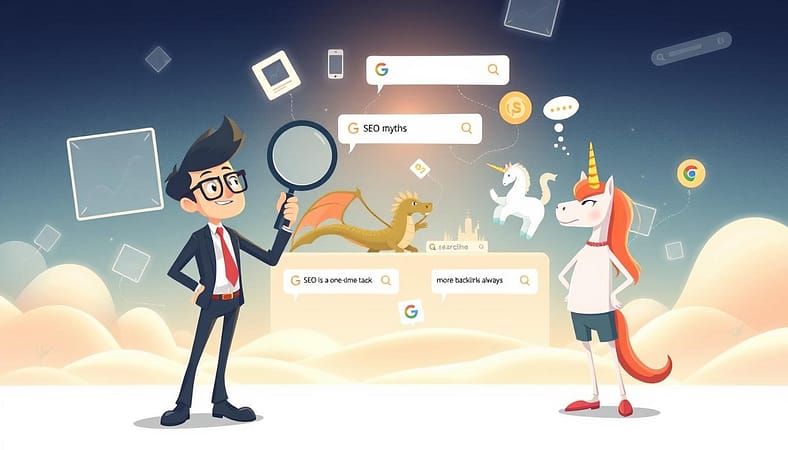 A visually engaging illustration depicting the concept of "search engine ranking myths." In the foreground, a dynamic scene features two animated characters, one resembling a business professional in smart attire, holding a magnifying glass, symbolizing investigation, while the other, dressed casually, stands in disbelief, representing common misconceptions. The middle layer showcases a series of whimsical, mythical creatures that represent various SEO myths, such as a dragon for the myth that "SEO is a one-time task" and a unicorn for "more backlinks always mean better rankings." The background is a digital landscape with floating search bars and abstract representations of search engines. Soft, illuminated lighting highlights the characters, creating a thoughtful yet playful mood that encourages curiosity and reflection on misconceptions. A visually engaging illustration depicting the concept of "search engine ranking myths." In the foreground, a dynamic scene features two animated characters, one resembling a business professional in smart attire, holding a magnifying glass, symbolizing investigation, while the other, dressed casually, stands in disbelief, representing common misconceptions. The middle layer showcases a series of whimsical, mythical creatures that represent various SEO myths, such as a dragon for the myth that "SEO is a one-time task" and a unicorn for "more backlinks always mean better rankings." The background is a digital landscape with floating search bars and abstract representations of search engines. Soft, illuminated lighting highlights the characters, creating a thoughtful yet playful mood that encourages curiosity and reflection on misconceptions.