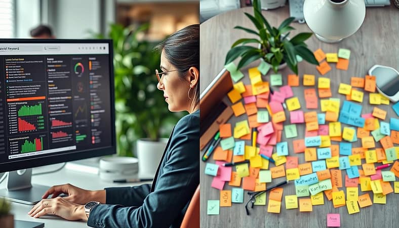 A visually engaging split-screen image illustrating the concept of "Long-Tail vs Short-Tail" keyword targeting. In the foreground, on the left side, depict a focused digital marketer analyzing a long-tail keyword strategy, with a large monitor displaying various long-tail keywords and analytics. She is wearing professional business attire, deeply immersed in research, with a thoughtful expression. On the right side, show a contrasting scene of short-tail keywords, with a cluttered desk overflowing with colorful sticky notes labeled with shorter keywords. In the background, create a blurred office environment, filled with soft natural light and hints of plants for a calming atmosphere. Use a slightly overhead angle to capture both scenes, highlighting the differences between the two approaches to keyword research. A visually engaging split-screen image illustrating the concept of "Long-Tail vs Short-Tail" keyword targeting. In the foreground, on the left side, depict a focused digital marketer analyzing a long-tail keyword strategy, with a large monitor displaying various long-tail keywords and analytics. She is wearing professional business attire, deeply immersed in research, with a thoughtful expression. On the right side, show a contrasting scene of short-tail keywords, with a cluttered desk overflowing with colorful sticky notes labeled with shorter keywords. In the background, create a blurred office environment, filled with soft natural light and hints of plants for a calming atmosphere. Use a slightly overhead angle to capture both scenes, highlighting the differences between the two approaches to keyword research.