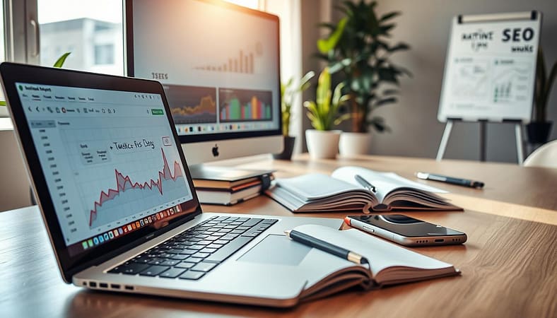 A well-organized workspace featuring various technical SEO troubleshooting tools. In the foreground, a sleek laptop displays detailed analytics graphs on its screen. Next to it, an open notebook and a smartphone showing a website performance app. The middle layer includes a large desktop monitor with colorful charts and a magnifying glass placed on top, symbolizing close examination of data. In the background, a modern office setting with a soft-focus, including potted plants and a whiteboard with SEO metrics scribbled. The lighting is bright and natural, streaming in from a nearby window, creating a professional atmosphere. The overall mood is focused and analytical, ideal for a tech-savvy audience. A well-organized workspace featuring various technical SEO troubleshooting tools. In the foreground, a sleek laptop displays detailed analytics graphs on its screen. Next to it, an open notebook and a smartphone showing a website performance app. The middle layer includes a large desktop monitor with colorful charts and a magnifying glass placed on top, symbolizing close examination of data. In the background, a modern office setting with a soft-focus, including potted plants and a whiteboard with SEO metrics scribbled. The lighting is bright and natural, streaming in from a nearby window, creating a professional atmosphere. The overall mood is focused and analytical, ideal for a tech-savvy audience.