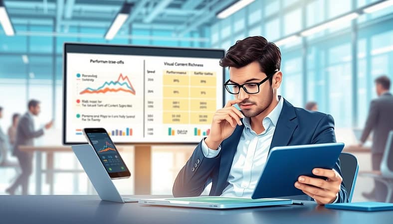 A conceptual illustration of "Mobile Optimization Performance Trade-offs" set in a modern digital workspace. In the foreground, depict a professional businessperson thoughtfully analyzing a smartphone and a tablet, both displaying various graphs and performance metrics. The middle ground should feature a large screen showing a comparison chart of performance trade-offs, such as speed versus visual content richness, with clear iconographic representations. The background should hint at a bustling office environment with blurred silhouettes of coworkers collaborating. The lighting should be bright and tech-oriented, with soft diffused light to cast gentle shadows, creating a focused yet dynamic atmosphere. Utilize a slightly tilted angle to add depth and perspective, emphasizing the urgency and importance of mobile optimization in today's digital landscape. A conceptual illustration of "Mobile Optimization Performance Trade-offs" set in a modern digital workspace. In the foreground, depict a professional businessperson thoughtfully analyzing a smartphone and a tablet, both displaying various graphs and performance metrics. The middle ground should feature a large screen showing a comparison chart of performance trade-offs, such as speed versus visual content richness, with clear iconographic representations. The background should hint at a bustling office environment with blurred silhouettes of coworkers collaborating. The lighting should be bright and tech-oriented, with soft diffused light to cast gentle shadows, creating a focused yet dynamic atmosphere. Utilize a slightly tilted angle to add depth and perspective, emphasizing the urgency and importance of mobile optimization in today's digital landscape.