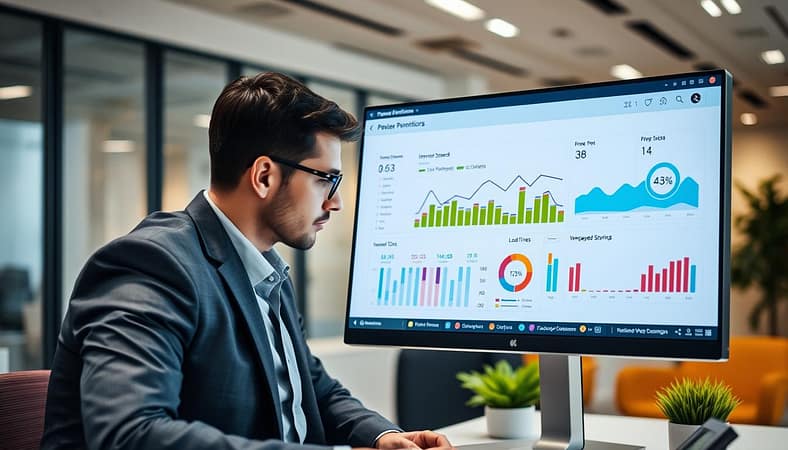 A modern, high-tech website performance monitoring dashboard displayed on a sleek computer screen. The foreground features colorful, interactive graphs and performance metrics showing improved webpage speeds, with icons representing various metrics like load times and user engagement. In the middle ground, a professional in business attire is focused on the screen, analyzing the data with a thoughtful expression. The background showcases a contemporary office environment with soft lighting, emphasizing a productive and innovative atmosphere. The image captures a sense of clarity and progress, highlighting the importance of monitoring improvements in website performance. The shot is taken from a slightly elevated angle, enhancing the visual impact of the dashboard and the professional's engagement. A modern, high-tech website performance monitoring dashboard displayed on a sleek computer screen. The foreground features colorful, interactive graphs and performance metrics showing improved webpage speeds, with icons representing various metrics like load times and user engagement. In the middle ground, a professional in business attire is focused on the screen, analyzing the data with a thoughtful expression. The background showcases a contemporary office environment with soft lighting, emphasizing a productive and innovative atmosphere. The image captures a sense of clarity and progress, highlighting the importance of monitoring improvements in website performance. The shot is taken from a slightly elevated angle, enhancing the visual impact of the dashboard and the professional's engagement.