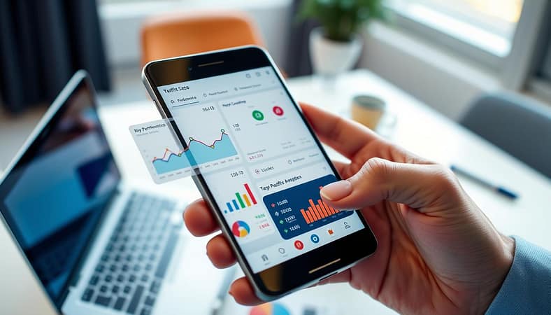 A modern mobile SEO performance analytics dashboard displayed on a sleek smartphone, showcasing various graphs and metrics for traffic optimization. The foreground features the smartphone held in a professional hand, with sharp focus on the colorful and detailed analytics interface, including line charts, bar graphs, and key performance indicators. In the middle, a blurred office workspace with a laptop and notes hints at a productive environment. The background should be softly lit with natural light coming through a window, creating a bright, inviting atmosphere. The overall mood conveys professionalism and innovation, perfect for illustrating the importance of measuring mobile performance. A modern mobile SEO performance analytics dashboard displayed on a sleek smartphone, showcasing various graphs and metrics for traffic optimization. The foreground features the smartphone held in a professional hand, with sharp focus on the colorful and detailed analytics interface, including line charts, bar graphs, and key performance indicators. In the middle, a blurred office workspace with a laptop and notes hints at a productive environment. The background should be softly lit with natural light coming through a window, creating a bright, inviting atmosphere. The overall mood conveys professionalism and innovation, perfect for illustrating the importance of measuring mobile performance.
