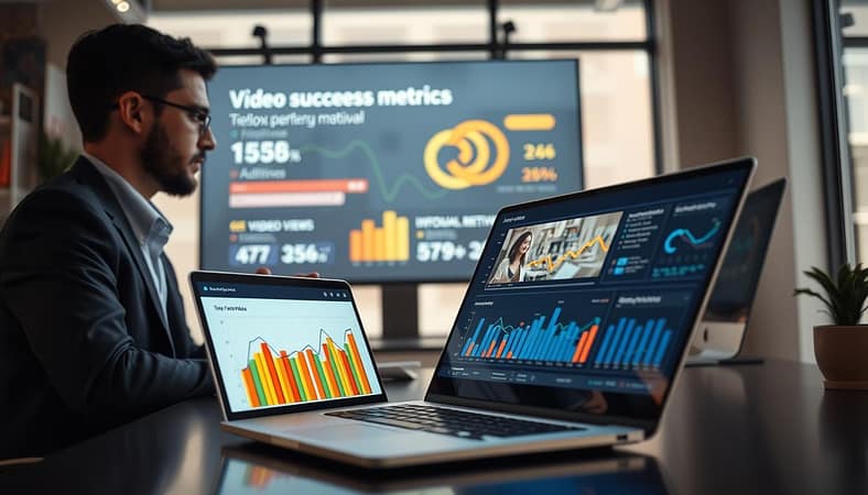 A modern workspace scene focusing on video success metrics analysis. In the foreground, a sleek laptop displays colorful graphs and charts showcasing video views, engagement rates, and audience retention. A professional wearing business attire is seated at the desk, intently analyzing the data. The middle layer features a large digital screen behind the desk, projecting a dynamic infographic about video performance metrics. The background contains soft, diffused lighting filtering through large windows, casting a warm glow over the office environment. The mood is focused yet optimistic, with a sense of innovation and professionalism in the air. The angle is slightly tilted from above, offering a comprehensive view of the workspace and the screens. A modern workspace scene focusing on video success metrics analysis. In the foreground, a sleek laptop displays colorful graphs and charts showcasing video views, engagement rates, and audience retention. A professional wearing business attire is seated at the desk, intently analyzing the data. The middle layer features a large digital screen behind the desk, projecting a dynamic infographic about video performance metrics. The background contains soft, diffused lighting filtering through large windows, casting a warm glow over the office environment. The mood is focused yet optimistic, with a sense of innovation and professionalism in the air. The angle is slightly tilted from above, offering a comprehensive view of the workspace and the screens.