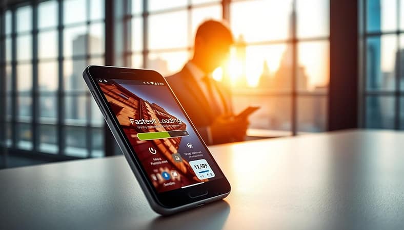 A sleek smartphone sits in the foreground, displaying a fast-loading website with vivid graphics and minimal loading indicators. In the middle ground, a user in professional business attire, focusing intently on the phone while standing in a bright, modern office environment filled with large windows. The background showcases a city skyline bathed in warm, natural light, symbolizing speed and efficiency. Employ a shallow depth of field to emphasize the smartphone and user, while adding a subtle glow around the screen to illustrate fast performance. The atmosphere is vibrant and energetic, reflecting the excitement of mobile technology advancements. The image should evoke a sense of urgency and innovation, perfect for conveying the concept of "mobile speed optimization." A sleek smartphone sits in the foreground, displaying a fast-loading website with vivid graphics and minimal loading indicators. In the middle ground, a user in professional business attire, focusing intently on the phone while standing in a bright, modern office environment filled with large windows. The background showcases a city skyline bathed in warm, natural light, symbolizing speed and efficiency. Employ a shallow depth of field to emphasize the smartphone and user, while adding a subtle glow around the screen to illustrate fast performance. The atmosphere is vibrant and energetic, reflecting the excitement of mobile technology advancements. The image should evoke a sense of urgency and innovation, perfect for conveying the concept of "mobile speed optimization."