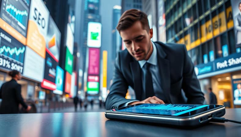 A vibrant and dynamic representation of voice search SEO, showcasing a futuristic urban environment. In the foreground, a sleek, modern smartphone rests on a desk, displaying a sound wave graphic symbolizing voice search technology. In the middle ground, a professional-looking person in smart business attire leans forward, engaging with an invisible voice assistant, their expression focused and inquisitive. The background features a busy cityscape with digital billboards illustrating graphs and SEO statistics, illuminated by soft blue and green neon lighting. The atmosphere should convey innovation and the merging of technology with everyday life. Use a slightly low-angle shot to emphasize the phone and person, with a shallow depth of field to create a sense of depth and focus. A vibrant and dynamic representation of voice search SEO, showcasing a futuristic urban environment. In the foreground, a sleek, modern smartphone rests on a desk, displaying a sound wave graphic symbolizing voice search technology. In the middle ground, a professional-looking person in smart business attire leans forward, engaging with an invisible voice assistant, their expression focused and inquisitive. The background features a busy cityscape with digital billboards illustrating graphs and SEO statistics, illuminated by soft blue and green neon lighting. The atmosphere should convey innovation and the merging of technology with everyday life. Use a slightly low-angle shot to emphasize the phone and person, with a shallow depth of field to create a sense of depth and focus.