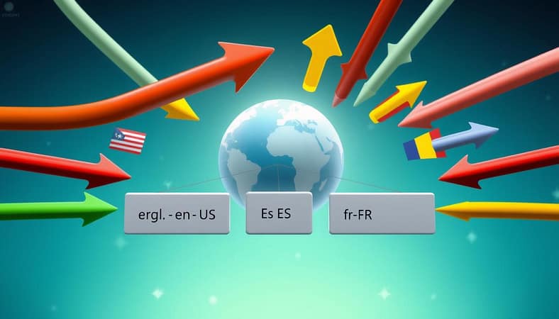 A detailed diagram illustrating the concept of multilingual search and hreflang implementation. In the foreground, various colorful arrows representing different languages (like English, Spanish, French, etc.) converge towards a central globe symbolizing global reach. In the middle, boxes labeled with different country codes (e.g., en-US, es-ES, fr-FR), interconnected by lines showcasing relationships and links between the multilingual pages. The background features a soft gradient of blue and green, symbolizing the internet. Use bright, professional lighting to enhance clarity and focus. The atmosphere should be informative and engaging, aiming to visually represent the complexity and importance of implementing hreflang tags in international SEO strategies. A detailed diagram illustrating the concept of multilingual search and hreflang implementation. In the foreground, various colorful arrows representing different languages (like English, Spanish, French, etc.) converge towards a central globe symbolizing global reach. In the middle, boxes labeled with different country codes (e.g., en-US, es-ES, fr-FR), interconnected by lines showcasing relationships and links between the multilingual pages. The background features a soft gradient of blue and green, symbolizing the internet. Use bright, professional lighting to enhance clarity and focus. The atmosphere should be informative and engaging, aiming to visually represent the complexity and importance of implementing hreflang tags in international SEO strategies.