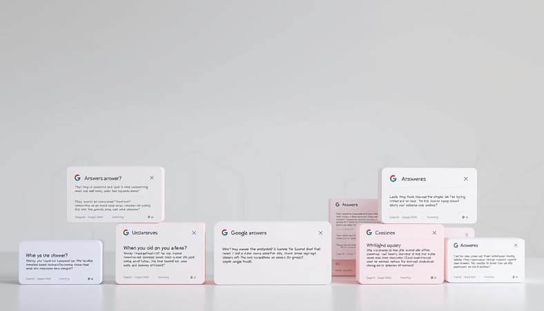 A detailed visualization of Google answer boxes in various formats for questions and answers, set against a smooth, light-gray backdrop. In the foreground, multiple vibrant answer boxes in different styles (e.g., text snippets, lists, carousel formats) display sample questions and their corresponding answers in neat, organized layouts. In the middle ground, subtly integrated icons representing search queries and highlighted snippets add to the design, enhancing clarity and engagement. The background features blurred outlines of a modern digital workspace to suggest an online environment. Soft, even lighting casts a professional glow on the boxes, creating an informative yet inviting atmosphere. The composition should utilize a macro lens effect to highlight the details of each format while maintaining a cohesive visual flow. A detailed visualization of Google answer boxes in various formats for questions and answers, set against a smooth, light-gray backdrop. In the foreground, multiple vibrant answer boxes in different styles (e.g., text snippets, lists, carousel formats) display sample questions and their corresponding answers in neat, organized layouts. In the middle ground, subtly integrated icons representing search queries and highlighted snippets add to the design, enhancing clarity and engagement. The background features blurred outlines of a modern digital workspace to suggest an online environment. Soft, even lighting casts a professional glow on the boxes, creating an informative yet inviting atmosphere. The composition should utilize a macro lens effect to highlight the details of each format while maintaining a cohesive visual flow.