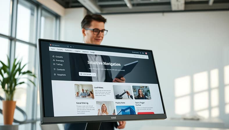 A modern, intuitive website navigation layout, prominently displayed in a clean, professional style. In the foreground, a sleek desktop screen showcases the website, illustrating a top navigation bar with clearly labeled menu options and a well-structured drop-down. The middle section features a responsive grid of content blocks with engaging icons and clear headlines. In the background, a minimalist office setting enhances the sense of professionalism, with soft natural light filtering through large windows. A person in smart business attire is interacting with the website, their expression focused and engaged. The overall atmosphere is collaborative and productive, emphasizing usability and ease of navigation, captured from a slight angle to provide depth and perspective. A modern, intuitive website navigation layout, prominently displayed in a clean, professional style. In the foreground, a sleek desktop screen showcases the website, illustrating a top navigation bar with clearly labeled menu options and a well-structured drop-down. The middle section features a responsive grid of content blocks with engaging icons and clear headlines. In the background, a minimalist office setting enhances the sense of professionalism, with soft natural light filtering through large windows. A person in smart business attire is interacting with the website, their expression focused and engaged. The overall atmosphere is collaborative and productive, emphasizing usability and ease of navigation, captured from a slight angle to provide depth and perspective.