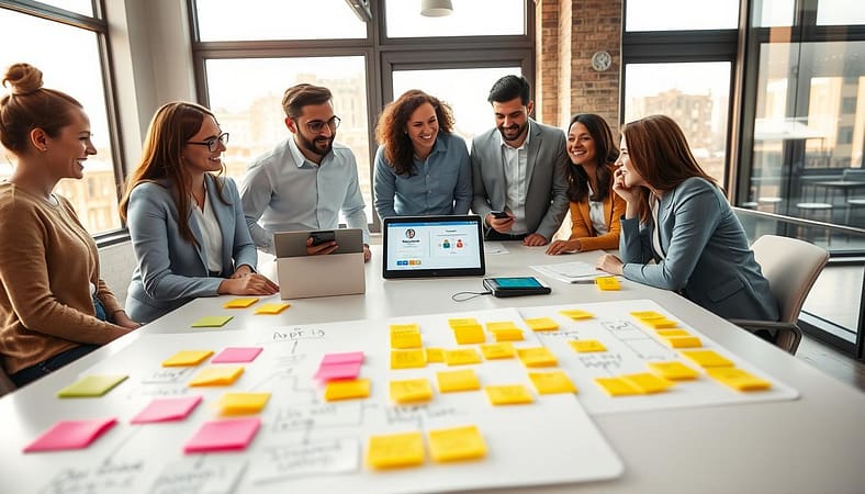 A modern workspace scene depicting a team of diverse professionals gathered around a sleek table, brainstorming beginner-friendly user experience (UX) improvements. In the foreground, a whiteboard filled with colorful sticky notes and flowcharts illustrates simple UI design tweaks. In the middle ground, a laptop displays an intuitive app interface with clear buttons and easy navigation, while team members in smart casual attire enthusiastically discuss ideas. The background features large windows allowing warm, natural light to flood the room, enhancing the collaborative atmosphere. The lens captures a slight upward angle, creating a sense of openness and inspiration in the creative space, with a focus on engagement and teamwork. The overall mood is positive and innovative, encouraging growth and simplicity in UX design. A modern workspace scene depicting a team of diverse professionals gathered around a sleek table, brainstorming beginner-friendly user experience (UX) improvements. In the foreground, a whiteboard filled with colorful sticky notes and flowcharts illustrates simple UI design tweaks. In the middle ground, a laptop displays an intuitive app interface with clear buttons and easy navigation, while team members in smart casual attire enthusiastically discuss ideas. The background features large windows allowing warm, natural light to flood the room, enhancing the collaborative atmosphere. The lens captures a slight upward angle, creating a sense of openness and inspiration in the creative space, with a focus on engagement and teamwork. The overall mood is positive and innovative, encouraging growth and simplicity in UX design.