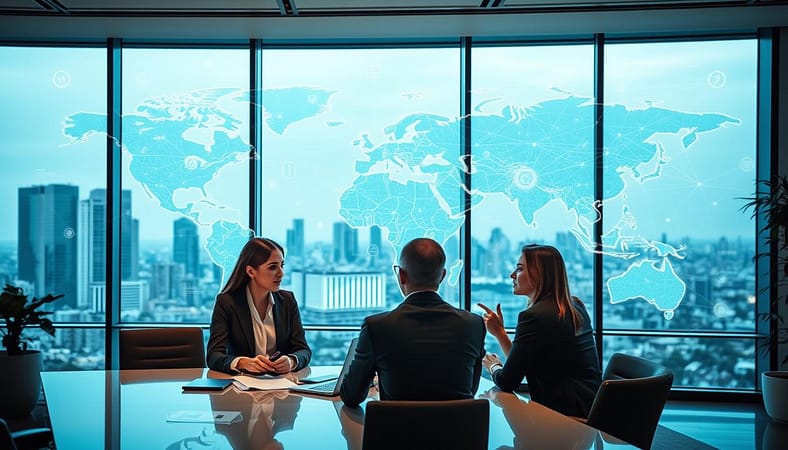 A sophisticated office environment showcasing an international link building strategy. In the foreground, a diverse group of three professionals discussing strategies around a large table, wearing business attire. In the middle ground, various digital maps and charts display global networks of backlinks connecting different continents, with glowing lines symbolizing digital connections. The background features a large window with a city skyline, indicating a modern business hub. Soft, bright lighting illuminates the scene, creating a productive atmosphere. The image is captured from a slightly elevated angle, giving a comprehensive view of the collaboration and strategies being discussed, emphasizing teamwork in a global context. A sophisticated office environment showcasing an international link building strategy. In the foreground, a diverse group of three professionals discussing strategies around a large table, wearing business attire. In the middle ground, various digital maps and charts display global networks of backlinks connecting different continents, with glowing lines symbolizing digital connections. The background features a large window with a city skyline, indicating a modern business hub. Soft, bright lighting illuminates the scene, creating a productive atmosphere. The image is captured from a slightly elevated angle, giving a comprehensive view of the collaboration and strategies being discussed, emphasizing teamwork in a global context.
