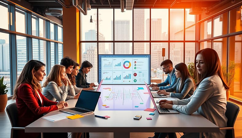 A vibrant and engaging community building platform architecture scene. In the foreground, a diverse group of individuals, dressed in professional business attire, are collaborating around a large, modern table with laptops open and colorful notes scattered. The middle section showcases a sleek digital interface displaying graphs and communication tools, symbolizing online discussions. In the background, large windows flood the space with warm, natural light, revealing a dynamic urban landscape. The atmosphere is lively and focused, conveying a sense of teamwork and innovation. Use a wide-angle lens to capture the depth of the space, with soft, diffused lighting enhancing the welcoming feel of the environment. A vibrant and engaging community building platform architecture scene. In the foreground, a diverse group of individuals, dressed in professional business attire, are collaborating around a large, modern table with laptops open and colorful notes scattered. The middle section showcases a sleek digital interface displaying graphs and communication tools, symbolizing online discussions. In the background, large windows flood the space with warm, natural light, revealing a dynamic urban landscape. The atmosphere is lively and focused, conveying a sense of teamwork and innovation. Use a wide-angle lens to capture the depth of the space, with soft, diffused lighting enhancing the welcoming feel of the environment.