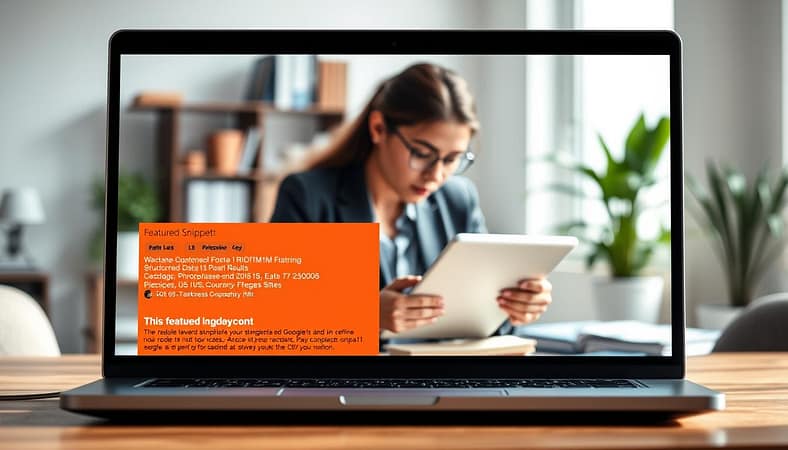 A vibrant digital workspace illustrating the concept of featured snippet rich results in search engines. In the foreground, a modern laptop displays a vivid, highlighted search snippet with structured data and attention-grabbing content. The middle ground features a person in professional business attire, deeply engaged, analyzing data on a tablet. They exude a sense of focus and determination. In the background, a blurred, minimalistic office environment with shelves of books and plants contributes to a productive atmosphere. Bright, natural lighting from a nearby window casts soft shadows, enhancing the inviting mood. The angle is slightly from above, giving a comprehensive view of the computer screen, emphasizing the importance of snippets in increasing clicks. A vibrant digital workspace illustrating the concept of featured snippet rich results in search engines. In the foreground, a modern laptop displays a vivid, highlighted search snippet with structured data and attention-grabbing content. The middle ground features a person in professional business attire, deeply engaged, analyzing data on a tablet. They exude a sense of focus and determination. In the background, a blurred, minimalistic office environment with shelves of books and plants contributes to a productive atmosphere. Bright, natural lighting from a nearby window casts soft shadows, enhancing the inviting mood. The angle is slightly from above, giving a comprehensive view of the computer screen, emphasizing the importance of snippets in increasing clicks.