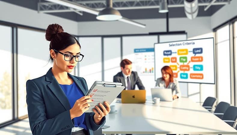 A visually engaging illustration of selecting online forums for community engagement, featuring a diverse group of four individuals in a modern workspace. In the foreground, a focused young woman in professional attire is closely reviewing a digital tablet displaying a selection criteria checklist. The middle layer showcases her colleagues in business casual clothing, engaged in a collaborative discussion, with laptops and coffee cups around a sleek conference table. In the background, a large screen projects a vibrant infographic about online forums. Bright, natural lighting filters through large windows, creating an inviting atmosphere filled with soft shadows. The overall mood is dynamic and professional, emphasizing teamwork and strategic decision-making. A visually engaging illustration of selecting online forums for community engagement, featuring a diverse group of four individuals in a modern workspace. In the foreground, a focused young woman in professional attire is closely reviewing a digital tablet displaying a selection criteria checklist. The middle layer showcases her colleagues in business casual clothing, engaged in a collaborative discussion, with laptops and coffee cups around a sleek conference table. In the background, a large screen projects a vibrant infographic about online forums. Bright, natural lighting filters through large windows, creating an inviting atmosphere filled with soft shadows. The overall mood is dynamic and professional, emphasizing teamwork and strategic decision-making.