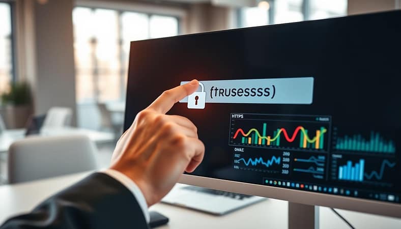 A close-up view of a modern computer screen displaying a secure HTTPS connection interface, with a prominent padlock symbol beside the web address. In the foreground, a hand in a smart business attire clicks on the lock icon, emphasizing the action of ensuring security. The middle ground features a clean desktop with digital tools and SEO analytics software open, showing graphs and metrics related to website performance. The background showcases a blurred office environment with soft, natural lighting filtering through large windows, creating a professional and tech-savvy atmosphere. Focus on sharp details and a bright color palette to convey trust and security, with a slight depth of field to highlight the foreground action. A close-up view of a modern computer screen displaying a secure HTTPS connection interface, with a prominent padlock symbol beside the web address. In the foreground, a hand in a smart business attire clicks on the lock icon, emphasizing the action of ensuring security. The middle ground features a clean desktop with digital tools and SEO analytics software open, showing graphs and metrics related to website performance. The background showcases a blurred office environment with soft, natural lighting filtering through large windows, creating a professional and tech-savvy atmosphere. Focus on sharp details and a bright color palette to convey trust and security, with a slight depth of field to highlight the foreground action.
