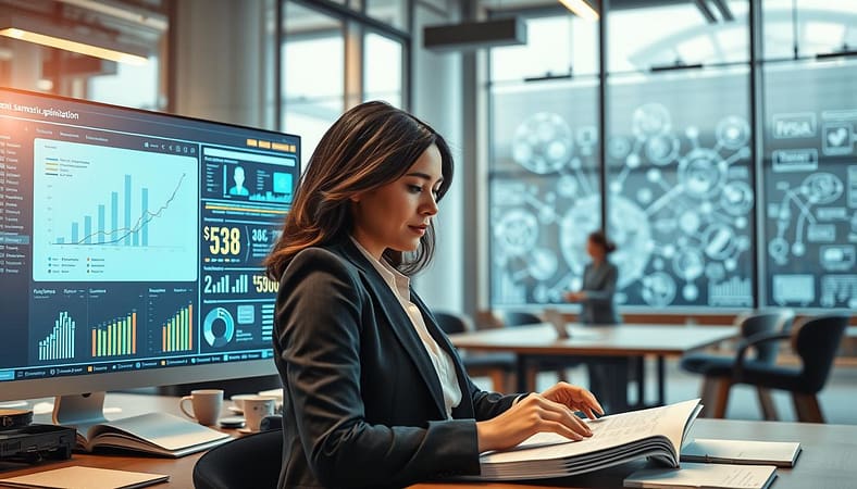 A futuristic workspace filled with advanced semantic optimization tools, highlighting a sleek computer screen displaying visualizations of keyword relationships and content performance metrics. In the foreground, a professional woman in smart business attire is analyzing data with a focused expression, surrounded by open notebooks and digital devices. The middle layer reveals a modern office environment with soft, diffused natural lighting pouring in from large windows, creating a bright and inviting atmosphere. In the background, interactive digital boards showcase interconnected ideas and audience insights, emphasizing content creation that resonates. The overall mood is innovative and collaborative, suggesting a dynamic approach to content strategy focused on meaning rather than mere keywords, with a clean and professional aesthetic. A futuristic workspace filled with advanced semantic optimization tools, highlighting a sleek computer screen displaying visualizations of keyword relationships and content performance metrics. In the foreground, a professional woman in smart business attire is analyzing data with a focused expression, surrounded by open notebooks and digital devices. The middle layer reveals a modern office environment with soft, diffused natural lighting pouring in from large windows, creating a bright and inviting atmosphere. In the background, interactive digital boards showcase interconnected ideas and audience insights, emphasizing content creation that resonates. The overall mood is innovative and collaborative, suggesting a dynamic approach to content strategy focused on meaning rather than mere keywords, with a clean and professional aesthetic.