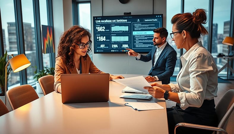 A professional setting focused on link reclamation outreach, featuring a diverse team of three individuals in business attire collaborating around a sleek conference table. In the foreground, a woman with curly brown hair analyzing data on a laptop, while a man with glasses points at a digital presentation on a wall-mounted screen displaying broken link statistics. A second woman reviews a printed document with notes scattered around. The middle ground showcases a bright, modern office space with large windows letting in natural light, plants, and colorful artwork. The background subtly features a large cityscape view. The atmosphere is energetic and focused, with warm lighting emanating from desk lamps and a motivational vibe, shot with a wide angle to capture the collaborative mood. A professional setting focused on link reclamation outreach, featuring a diverse team of three individuals in business attire collaborating around a sleek conference table. In the foreground, a woman with curly brown hair analyzing data on a laptop, while a man with glasses points at a digital presentation on a wall-mounted screen displaying broken link statistics. A second woman reviews a printed document with notes scattered around. The middle ground showcases a bright, modern office space with large windows letting in natural light, plants, and colorful artwork. The background subtly features a large cityscape view. The atmosphere is energetic and focused, with warm lighting emanating from desk lamps and a motivational vibe, shot with a wide angle to capture the collaborative mood.