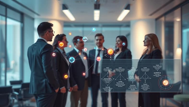 A visually striking composition depicting the concept of "semantic optimization entities and topic clusters." In the foreground, a diverse group of professionals in business attire, including men and women, are engaged in a collaborative discussion around a digital display showing interconnected idea nodes and topic clusters represented as vibrant, glowing orbs and lines. In the middle ground, transparent layers of overlapping diagrams illustrate various semantic entities, showcasing relationships and hierarchies. The background features an abstract, futuristic office environment with soft, ambient lighting that creates a sophisticated and professional atmosphere. Use a shallow depth of field to focus on the professionals and the display while blurring the background slightly. The overall mood should convey innovation, collaboration, and a forward-thinking approach to SEO in a digital world. A visually striking composition depicting the concept of "semantic optimization entities and topic clusters." In the foreground, a diverse group of professionals in business attire, including men and women, are engaged in a collaborative discussion around a digital display showing interconnected idea nodes and topic clusters represented as vibrant, glowing orbs and lines. In the middle ground, transparent layers of overlapping diagrams illustrate various semantic entities, showcasing relationships and hierarchies. The background features an abstract, futuristic office environment with soft, ambient lighting that creates a sophisticated and professional atmosphere. Use a shallow depth of field to focus on the professionals and the display while blurring the background slightly. The overall mood should convey innovation, collaboration, and a forward-thinking approach to SEO in a digital world.