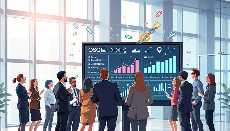 A visually striking digital illustration depicting the concept of "advanced link building authority." In the foreground, a diverse group of professionals, dressed in smart business attire, is engaged in animated discussions around a large digital screen displaying data analytics and link-building strategies. In the middle ground, various symbolic elements like interconnecting chains, hyperlinks, and graphs illustrate the flow of authority and connections. The background features a modern office environment with tall glass windows allowing soft natural light to flood the space, creating a productive atmosphere. The overall mood is energetic and innovative, conveying a sense of collaboration and tech-savvy expertise in link building tactics. The image is designed to inspire a forward-thinking approach to digital marketing. A visually striking digital illustration depicting the concept of "advanced link building authority." In the foreground, a diverse group of professionals, dressed in smart business attire, is engaged in animated discussions around a large digital screen displaying data analytics and link-building strategies. In the middle ground, various symbolic elements like interconnecting chains, hyperlinks, and graphs illustrate the flow of authority and connections. The background features a modern office environment with tall glass windows allowing soft natural light to flood the space, creating a productive atmosphere. The overall mood is energetic and innovative, conveying a sense of collaboration and tech-savvy expertise in link building tactics. The image is designed to inspire a forward-thinking approach to digital marketing.