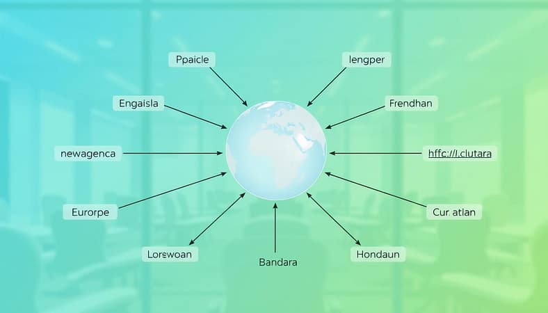 A detailed hreflang implementation diagram, visually representing multiple language and regional targeting strategies. In the foreground, a series of interconnected arrows symbolize various languages (such as English, Spanish, French, and Mandarin) leading to distinct website URLs. In the middle, a central globe highlights key regions like North America, Europe, and Asia, with lines connecting the globe to the arrows. The background features a soft gradient that transitions from blue to green, suggesting a global digital landscape. The lighting is bright and professional, simulating an office environment. The overall atmosphere is informative and dynamic, suitable for a business context, emphasizing clarity and efficiency in international SEO strategies. A detailed hreflang implementation diagram, visually representing multiple language and regional targeting strategies. In the foreground, a series of interconnected arrows symbolize various languages (such as English, Spanish, French, and Mandarin) leading to distinct website URLs. In the middle, a central globe highlights key regions like North America, Europe, and Asia, with lines connecting the globe to the arrows. The background features a soft gradient that transitions from blue to green, suggesting a global digital landscape. The lighting is bright and professional, simulating an office environment. The overall atmosphere is informative and dynamic, suitable for a business context, emphasizing clarity and efficiency in international SEO strategies.