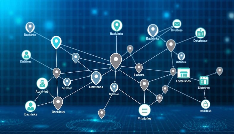 A detailed network diagram illustrating local citations and backlinks, showcasing interconnected nodes representing various local businesses, directories, and websites. In the foreground, distinct icons symbolize local SEO elements like location pins, backlinks, and directory listings. The middle layer displays arrows connecting these icons in a dynamic manner, representing the flow of information and authority. The background features a subtle grid pattern for a tech-savvy look, with a cool blue and green color palette to evoke professionalism. Soft lighting highlights the nodes, creating a sense of depth and clarity. The overall atmosphere is informative and engaging, ideal for a visual representation of digital marketing strategies in local SEO. A detailed network diagram illustrating local citations and backlinks, showcasing interconnected nodes representing various local businesses, directories, and websites. In the foreground, distinct icons symbolize local SEO elements like location pins, backlinks, and directory listings. The middle layer displays arrows connecting these icons in a dynamic manner, representing the flow of information and authority. The background features a subtle grid pattern for a tech-savvy look, with a cool blue and green color palette to evoke professionalism. Soft lighting highlights the nodes, creating a sense of depth and clarity. The overall atmosphere is informative and engaging, ideal for a visual representation of digital marketing strategies in local SEO.