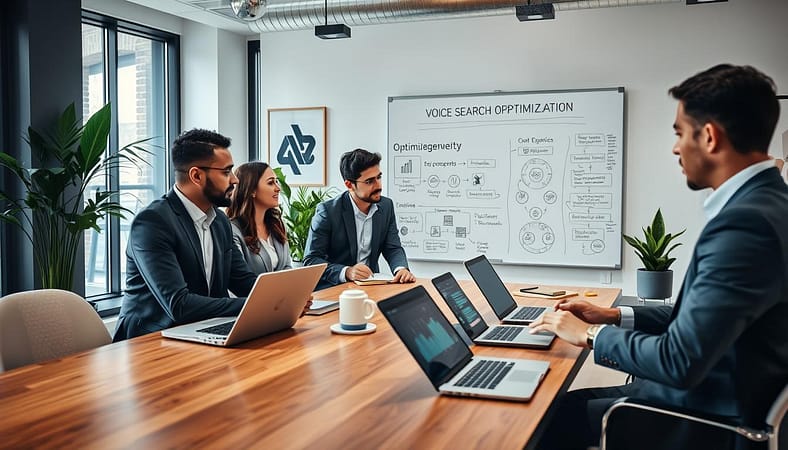 A modern office scene focused on optimizing content structure for voice queries. In the foreground, a diverse group of three professionals, dressed in smart business attire, are collaboratively discussing around a sleek wooden table, with laptops and digital devices displaying infographics and data visualizations. The middle ground features a large whiteboard filled with key concepts and flowcharts relating to voice search optimization. In the background, large windows allow soft, natural light to pour in, creating an inviting atmosphere. The room is stylishly decorated with plants and contemporary art. The angle is slightly elevated, providing a clear view of the discussion and the dynamic exchange of ideas. The overall mood is energetic and innovative, emphasizing teamwork and forward-thinking strategies. A modern office scene focused on optimizing content structure for voice queries. In the foreground, a diverse group of three professionals, dressed in smart business attire, are collaboratively discussing around a sleek wooden table, with laptops and digital devices displaying infographics and data visualizations. The middle ground features a large whiteboard filled with key concepts and flowcharts relating to voice search optimization. In the background, large windows allow soft, natural light to pour in, creating an inviting atmosphere. The room is stylishly decorated with plants and contemporary art. The angle is slightly elevated, providing a clear view of the discussion and the dynamic exchange of ideas. The overall mood is energetic and innovative, emphasizing teamwork and forward-thinking strategies.
