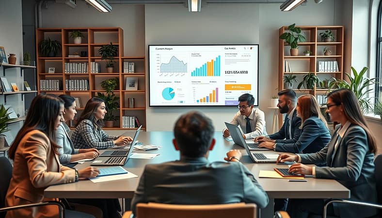 A modern office workspace representing the concept of "gap analysis" in a content audit. In the foreground, a diverse group of professionals in business attire brainstorm at a sleek conference table, analyzing charts and documents on laptops. The middle layer features a digital screen displaying visual graphs, content metrics, and competitor analysis data. The background includes bookshelves filled with marketing materials and plants, providing a vibrant yet professional atmosphere. Soft, warm lighting casts a collaborative mood throughout the scene. The camera angle captures a dynamic view from slightly above the table, engaging viewers with the important task of analyzing competing content for strategic insights. A modern office workspace representing the concept of "gap analysis" in a content audit. In the foreground, a diverse group of professionals in business attire brainstorm at a sleek conference table, analyzing charts and documents on laptops. The middle layer features a digital screen displaying visual graphs, content metrics, and competitor analysis data. The background includes bookshelves filled with marketing materials and plants, providing a vibrant yet professional atmosphere. Soft, warm lighting casts a collaborative mood throughout the scene. The camera angle captures a dynamic view from slightly above the table, engaging viewers with the important task of analyzing competing content for strategic insights.