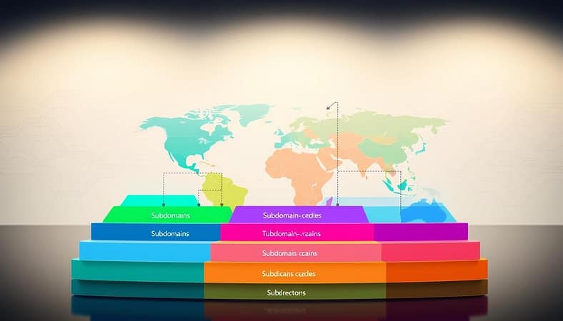 A visually engaging infographic depicting an international SEO domain structure comparison. In the foreground, showcase a layered representation of various domain types, such as country-code top-level domains (ccTLDs), subdomains, and subdirectories, each clearly distinguished by vibrant colors. In the middle, illustrate a world map highlighted with different geographical regions, connecting each domain type to their respective areas with dotted lines. In the background, incorporate abstract patterns of digital data flow, representing search engine algorithms. Use soft, diffused lighting to create a professional atmosphere, and employ a slight top-down angle to enhance the infographic's depth. The mood should be informative yet visually appealing, attracting readers to the SEO concepts. This image should be clean and devoid of any text elements. A visually engaging infographic depicting an international SEO domain structure comparison. In the foreground, showcase a layered representation of various domain types, such as country-code top-level domains (ccTLDs), subdomains, and subdirectories, each clearly distinguished by vibrant colors. In the middle, illustrate a world map highlighted with different geographical regions, connecting each domain type to their respective areas with dotted lines. In the background, incorporate abstract patterns of digital data flow, representing search engine algorithms. Use soft, diffused lighting to create a professional atmosphere, and employ a slight top-down angle to enhance the infographic's depth. The mood should be informative yet visually appealing, attracting readers to the SEO concepts. This image should be clean and devoid of any text elements.