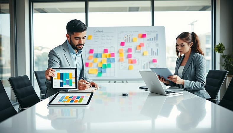 In a contemporary office setting, a diverse team of three professionals collaborates around a sleek conference table. The foreground features a middle-aged woman in smart casual attire, pointing at a digital tablet displaying a colorful content calendar. Beside her, a young man in a tailored business suit holds a notepad, jotting down insights while a focused woman in business attire examines a laptop. The middle section showcases a large whiteboard filled with colorful sticky notes, graphs, and flowcharts, representing ideas and strategies for content development. In the background, soft natural light pours through large windows, creating an inviting atmosphere. The image conveys a sense of collaboration, innovation, and strategic planning, capturing the essence of developing content that effectively addresses gaps in the market. In a contemporary office setting, a diverse team of three professionals collaborates around a sleek conference table. The foreground features a middle-aged woman in smart casual attire, pointing at a digital tablet displaying a colorful content calendar. Beside her, a young man in a tailored business suit holds a notepad, jotting down insights while a focused woman in business attire examines a laptop. The middle section showcases a large whiteboard filled with colorful sticky notes, graphs, and flowcharts, representing ideas and strategies for content development. In the background, soft natural light pours through large windows, creating an inviting atmosphere. The image conveys a sense of collaboration, innovation, and strategic planning, capturing the essence of developing content that effectively addresses gaps in the market.