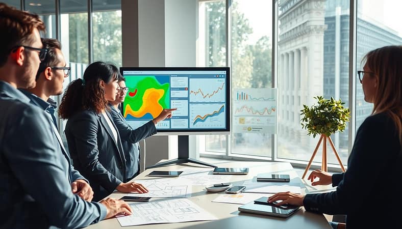 A detailed workspace illustrating user path analysis in UX design, featuring a large computer screen displaying colorful heatmaps and user journey maps. In the foreground, a diverse group of UX designers, dressed in professional business attire, are engaged in discussion, pointing to various analytics on the screen. The middle ground presents a modern office environment with whiteboard sketches and digital devices scattered across a sleek table. In the background, large windows allow natural light to flood the room, casting soft shadows and creating a bright, focused atmosphere. The mood is collaborative and innovative, evoking the sense of teamwork and strategic analysis in improving user experiences. The angle captures both the designers and the screen, emphasizing the relationship between data and design decisions. A detailed workspace illustrating user path analysis in UX design, featuring a large computer screen displaying colorful heatmaps and user journey maps. In the foreground, a diverse group of UX designers, dressed in professional business attire, are engaged in discussion, pointing to various analytics on the screen. The middle ground presents a modern office environment with whiteboard sketches and digital devices scattered across a sleek table. In the background, large windows allow natural light to flood the room, casting soft shadows and creating a bright, focused atmosphere. The mood is collaborative and innovative, evoking the sense of teamwork and strategic analysis in improving user experiences. The angle captures both the designers and the screen, emphasizing the relationship between data and design decisions.