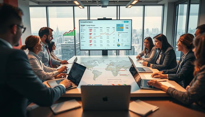 A dynamic workspace depicting competitive analysis and SERP analysis. In the foreground, a diverse team of professionals in business attire is gathered around a large digital screen displaying colorful graphs, charts, and keyword rankings. In the middle, a detailed digital map outlines competitor strengths and weaknesses, while laptops and notepads are scattered across a modern conference table, illuminated by warm, diffused lighting. The background features a bright, contemporary office with floor-to-ceiling windows showing a cityscape, suggesting a professional and energetic atmosphere. A soft depth of field emphasizes the team’s collaboration, while a slightly overhead angle captures their focused expressions as they strategize. The mood is one of determination and insight, ideal for discussing SEO strategies. A dynamic workspace depicting competitive analysis and SERP analysis. In the foreground, a diverse team of professionals in business attire is gathered around a large digital screen displaying colorful graphs, charts, and keyword rankings. In the middle, a detailed digital map outlines competitor strengths and weaknesses, while laptops and notepads are scattered across a modern conference table, illuminated by warm, diffused lighting. The background features a bright, contemporary office with floor-to-ceiling windows showing a cityscape, suggesting a professional and energetic atmosphere. A soft depth of field emphasizes the team’s collaboration, while a slightly overhead angle captures their focused expressions as they strategize. The mood is one of determination and insight, ideal for discussing SEO strategies.