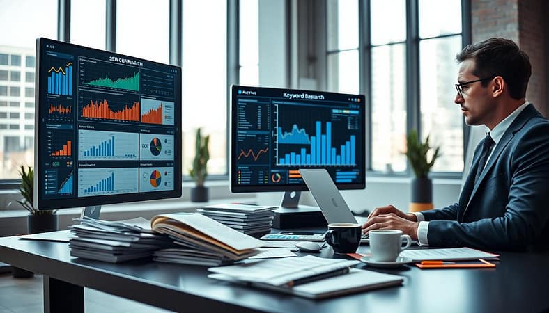 A sleek and modern workspace featuring a digital display showcasing various SEO competitor research tools like graphs, analytics dashboards, and keyword research software. In the foreground, a professional businessperson in smart attire analyzes data on a laptop, looking thoughtfully at the screen. In the middle, a stylish desk cluttered with SEO-related printouts, a notepad, and a coffee cup, highlighting the tools’ importance. In the background, large windows allow natural light to stream in, creating a bright atmosphere. The overall mood is focused and industrious, with a sense of innovation in the air. Shot with a shallow depth of field to emphasize the foreground details, creating a sophisticated, professional vibe. A sleek and modern workspace featuring a digital display showcasing various SEO competitor research tools like graphs, analytics dashboards, and keyword research software. In the foreground, a professional businessperson in smart attire analyzes data on a laptop, looking thoughtfully at the screen. In the middle, a stylish desk cluttered with SEO-related printouts, a notepad, and a coffee cup, highlighting the tools’ importance. In the background, large windows allow natural light to stream in, creating a bright atmosphere. The overall mood is focused and industrious, with a sense of innovation in the air. Shot with a shallow depth of field to emphasize the foreground details, creating a sophisticated, professional vibe.
