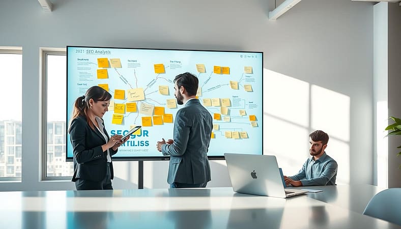 A sleek, modern workspace showcasing a UX designer and an SEO analyst collaborating by a large digital display. In the foreground, the designer, a woman in professional business attire, sketches wireframes on a tablet, while the analyst, a man in smart casual clothing, reviews data charts on a laptop. The middle ground features a vibrant wall filled with sticky notes and mind maps illustrating the alignment of user experience and search intent. The background is a bright, minimalist office with large windows letting in soft, natural light, creating an inspiring atmosphere. Shadows play subtly on the surfaces, enhancing the depth of the scene. The overall mood is collaborative and innovative, reflecting the synergy between UX design and SEO strategy. A sleek, modern workspace showcasing a UX designer and an SEO analyst collaborating by a large digital display. In the foreground, the designer, a woman in professional business attire, sketches wireframes on a tablet, while the analyst, a man in smart casual clothing, reviews data charts on a laptop. The middle ground features a vibrant wall filled with sticky notes and mind maps illustrating the alignment of user experience and search intent. The background is a bright, minimalist office with large windows letting in soft, natural light, creating an inspiring atmosphere. Shadows play subtly on the surfaces, enhancing the depth of the scene. The overall mood is collaborative and innovative, reflecting the synergy between UX design and SEO strategy.
