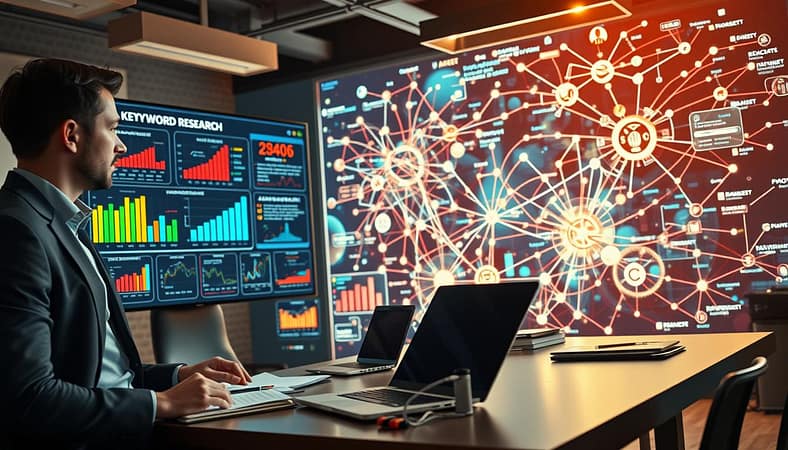 A dynamic workspace filled with digital elements representing advanced keyword research. In the foreground, a professional wearing smart business attire studies a large digital screen displaying colorful graphs, keyword clouds, and search intent analytics. In the middle ground, a sleek, modern desk is cluttered with notepads, a laptop, and tools for brainstorming concepts. The background features a high-tech virtual interface that glows softly, showcasing intricate lines and nodes connecting various concepts and keywords. Warm, diffused lighting cascades from overhead fixtures, creating an atmosphere of focus and innovation. The angle is slightly elevated, capturing the interplay between the human element and the digital realm, conveying a sense of strategic planning and insightfulness. A dynamic workspace filled with digital elements representing advanced keyword research. In the foreground, a professional wearing smart business attire studies a large digital screen displaying colorful graphs, keyword clouds, and search intent analytics. In the middle ground, a sleek, modern desk is cluttered with notepads, a laptop, and tools for brainstorming concepts. The background features a high-tech virtual interface that glows softly, showcasing intricate lines and nodes connecting various concepts and keywords. Warm, diffused lighting cascades from overhead fixtures, creating an atmosphere of focus and innovation. The angle is slightly elevated, capturing the interplay between the human element and the digital realm, conveying a sense of strategic planning and insightfulness.