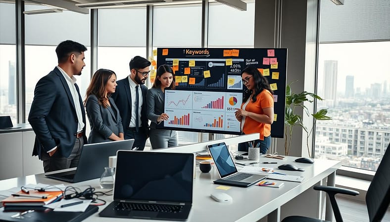 A modern office workspace with a sleek desk cluttered with digital devices such as a laptop and tablet displaying keyword analytics. In the foreground, a diverse team of professionals in business attire analyze data on a large touchscreen monitor, showcasing graphs and ideas. The middle layer features sticky notes with keywords and concepts pinned around the workspace, creating a colorful brainstorming atmosphere. In the background, a large window reveals a city skyline, allowing natural light to flood the room, enhancing a bright, focused environment. The mood is collaborative and innovative, emphasizing teamwork and modern technology in topic discovery. Use a wide-angle lens to capture the entire scene, ensuring clarity and depth. A modern office workspace with a sleek desk cluttered with digital devices such as a laptop and tablet displaying keyword analytics. In the foreground, a diverse team of professionals in business attire analyze data on a large touchscreen monitor, showcasing graphs and ideas. The middle layer features sticky notes with keywords and concepts pinned around the workspace, creating a colorful brainstorming atmosphere. In the background, a large window reveals a city skyline, allowing natural light to flood the room, enhancing a bright, focused environment. The mood is collaborative and innovative, emphasizing teamwork and modern technology in topic discovery. Use a wide-angle lens to capture the entire scene, ensuring clarity and depth.