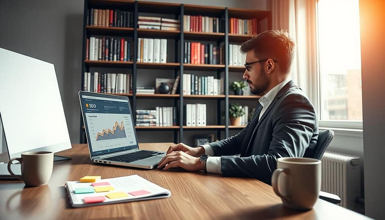 A professional business setting showcasing an individual seated at a modern desk, focused on a laptop screen filled with analytics and SEO data. In the foreground, a notepad with colorful sticky notes and a coffee cup emphasize a productive atmosphere. The middle ground features the person, dressed in smart casual attire, thoughtfully analyzing performance metrics. Soft, natural light filters in through a large window, creating a warm and inviting ambiance. In the background, shelves filled with books on digital marketing and SEO techniques enhance the context of content updating. The angle captures the scene from a slight overhead perspective, giving a clear view of the work process while maintaining a sense of privacy. The overall mood is industrious and innovative, perfect for the theme of revitalizing old content. A professional business setting showcasing an individual seated at a modern desk, focused on a laptop screen filled with analytics and SEO data. In the foreground, a notepad with colorful sticky notes and a coffee cup emphasize a productive atmosphere. The middle ground features the person, dressed in smart casual attire, thoughtfully analyzing performance metrics. Soft, natural light filters in through a large window, creating a warm and inviting ambiance. In the background, shelves filled with books on digital marketing and SEO techniques enhance the context of content updating. The angle captures the scene from a slight overhead perspective, giving a clear view of the work process while maintaining a sense of privacy. The overall mood is industrious and innovative, perfect for the theme of revitalizing old content.