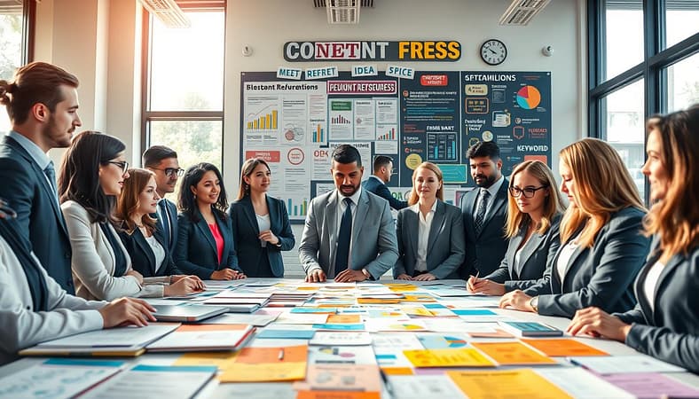 A vibrant office space depicting the concept of "content freshness." In the foreground, a diverse group of professional individuals, dressed in smart business attire, are gathered around a large table filled with colorful, rejuvenated content pieces like blog drafts, infographics, and video scripts, showcasing lively brainstorming and collaboration. In the middle ground, a wall covered with a vision board displaying fresh ideas, charts, and keywords, emphasizing a modern and innovative environment. The background features large windows allowing bright, natural light to illuminate the workspace, enhancing the energetic and motivational atmosphere. The scene captures a sense of renewal and productivity, symbolizing the importance of updating content. Use a wide-angle lens for depth, with soft shadows and a warm tone to create an inviting ambiance. A vibrant office space depicting the concept of "content freshness." In the foreground, a diverse group of professional individuals, dressed in smart business attire, are gathered around a large table filled with colorful, rejuvenated content pieces like blog drafts, infographics, and video scripts, showcasing lively brainstorming and collaboration. In the middle ground, a wall covered with a vision board displaying fresh ideas, charts, and keywords, emphasizing a modern and innovative environment. The background features large windows allowing bright, natural light to illuminate the workspace, enhancing the energetic and motivational atmosphere. The scene captures a sense of renewal and productivity, symbolizing the importance of updating content. Use a wide-angle lens for depth, with soft shadows and a warm tone to create an inviting ambiance.