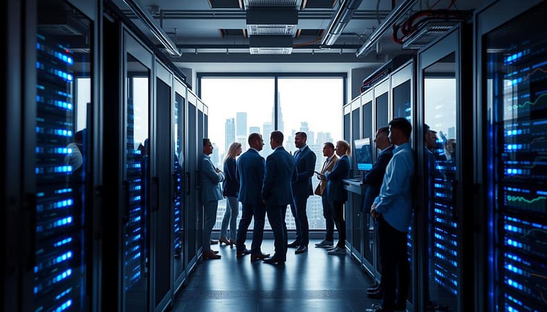 A high-tech server room featuring sleek, modern server racks arranged in the foreground, illuminated by cool, blue LED lights. In the middle ground, a diverse group of IT professionals in smart, business attire are engaged in discussion, examining performance analytics displayed on multiple screens. The background showcases large windows with a view of a city skyline, hinting at progress and connectivity. The room is filled with a sense of urgency and focus, conveying the atmosphere of productivity and innovation as they implement server speed optimization techniques. Soft, diffuse lighting enhances the clarity of the scene, with a slight tilt-angle perspective to emphasize depth and activity. A high-tech server room featuring sleek, modern server racks arranged in the foreground, illuminated by cool, blue LED lights. In the middle ground, a diverse group of IT professionals in smart, business attire are engaged in discussion, examining performance analytics displayed on multiple screens. The background showcases large windows with a view of a city skyline, hinting at progress and connectivity. The room is filled with a sense of urgency and focus, conveying the atmosphere of productivity and innovation as they implement server speed optimization techniques. Soft, diffuse lighting enhances the clarity of the scene, with a slight tilt-angle perspective to emphasize depth and activity.