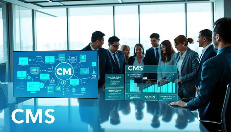 A sophisticated office scene illustrating CMS integration strategies. In the foreground, a diverse group of professionals in business attire collaborates around a sleek conference table, analyzing a large digital screen displaying interconnected CMS elements and data flow diagrams. In the middle, vibrant graphics showcase various CMS platforms and SEO analytics, symbolizing optimization tactics. The background features a modern, well-lit office with large windows allowing natural light to stream in, creating an inviting atmosphere. Soft blue and green tones dominate the scene, fostering a sense of growth and innovation. The overall mood is professional and focused, emphasizing teamwork and forward-thinking in digital content management strategies. A sophisticated office scene illustrating CMS integration strategies. In the foreground, a diverse group of professionals in business attire collaborates around a sleek conference table, analyzing a large digital screen displaying interconnected CMS elements and data flow diagrams. In the middle, vibrant graphics showcase various CMS platforms and SEO analytics, symbolizing optimization tactics. The background features a modern, well-lit office with large windows allowing natural light to stream in, creating an inviting atmosphere. Soft blue and green tones dominate the scene, fostering a sense of growth and innovation. The overall mood is professional and focused, emphasizing teamwork and forward-thinking in digital content management strategies.