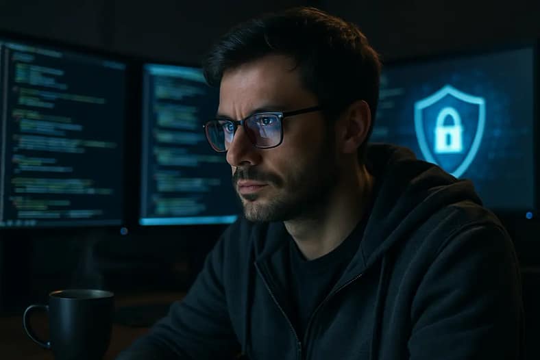 Analyst reviewing cybersecurity technologies policy notes on a workstation