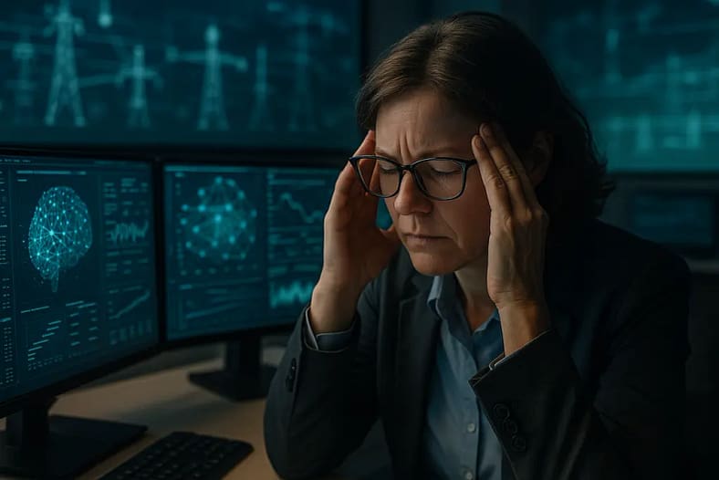 Power Sector AI dashboard reviewed by grid operators in a control room