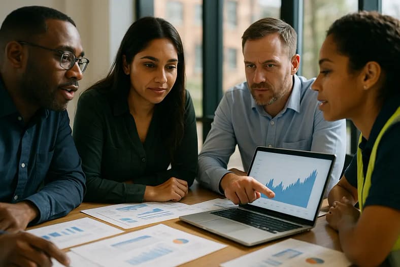 Utility Procurement Transformation dashboard reviewed by a utility operations team