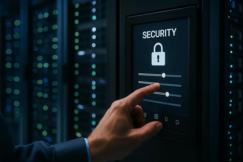 AI Data Center Security review with servers, control room screens, and risk notes