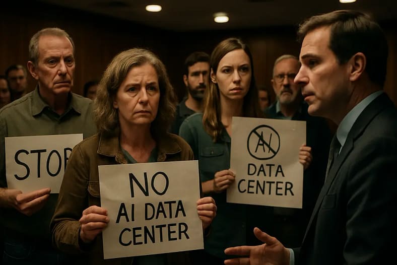Public meeting on AI data centers with residents reviewing infrastructure plans