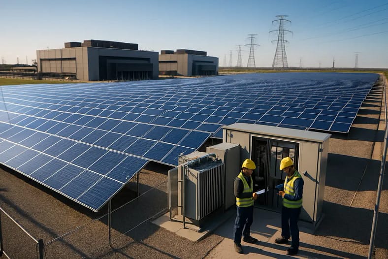 AI Data Centers with server rows and overhead power distribution in a modern facility