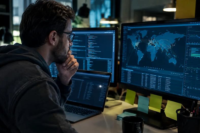Cybersecurity link building review desk with backlink reports and security alerts