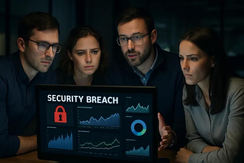 Cybersecurity SEO dashboard showing site health, warnings, and organic visibility indicators
