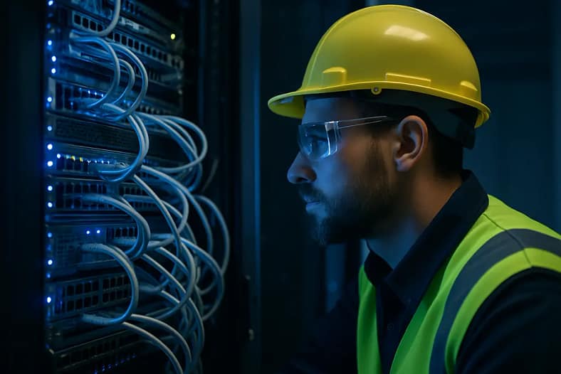 Analyst reviewing Data Center Costs beside grid planning documents