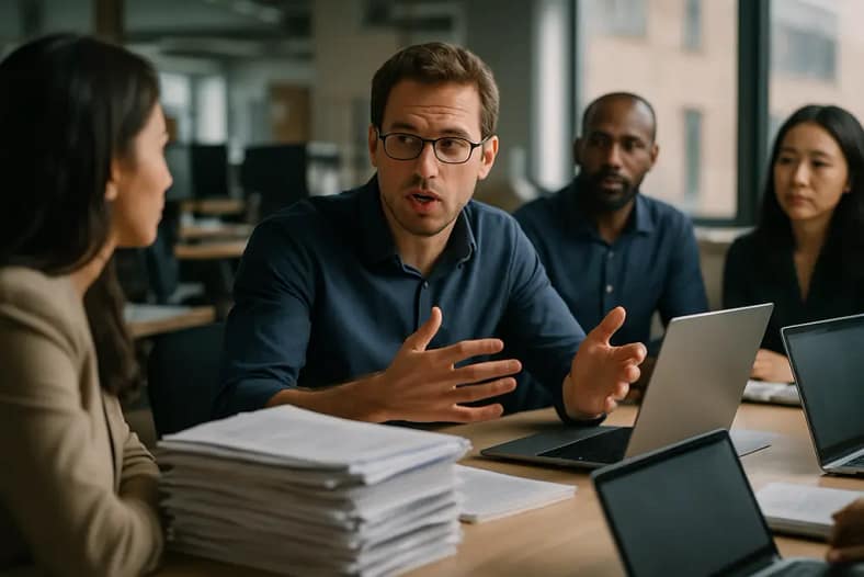 Policy team reviewing open model adoption risks in a secure office